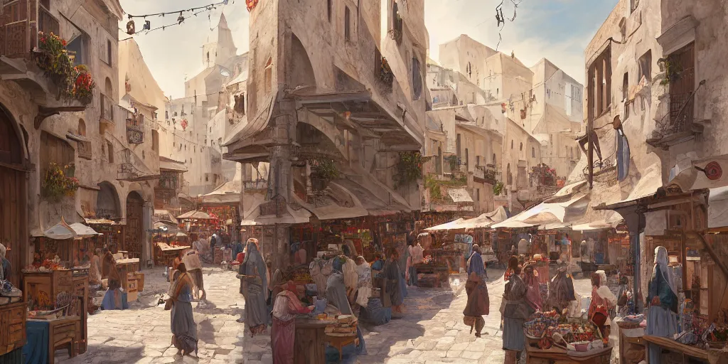 Prompt: a busy medieval Mediterranean street market in the style of Sylvain Sarrailh, Greek islands, narrow streets, whitewashed buildings, old port, hanging fabric, bartering merchants, beautiful digital art, cinematic composition, detailed, concept art, Matt painting, oil painting, high res