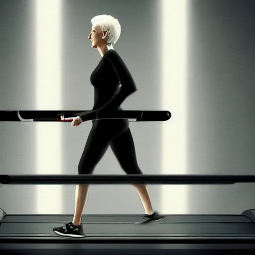 Image similar to woman in her 6 0 s with close cropped hair. lori petty. running on a treadmill. side on. realistic concept art painting. cinematic lighting. dark and moody. scifi
