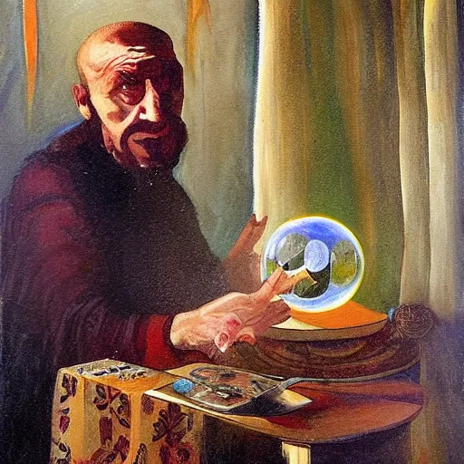 Image similar to painting by remus grecu, of fortune teller with crystal ball, and wealthy customer