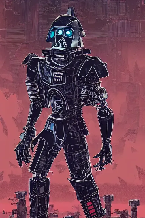 Image similar to robot ninja darth vader, cyberpunk mech is from borderlands and by feng zhu and loish and laurie greasley, victo ngai, andreas rocha, john harris, victo ngai, andreas rocha, john harris