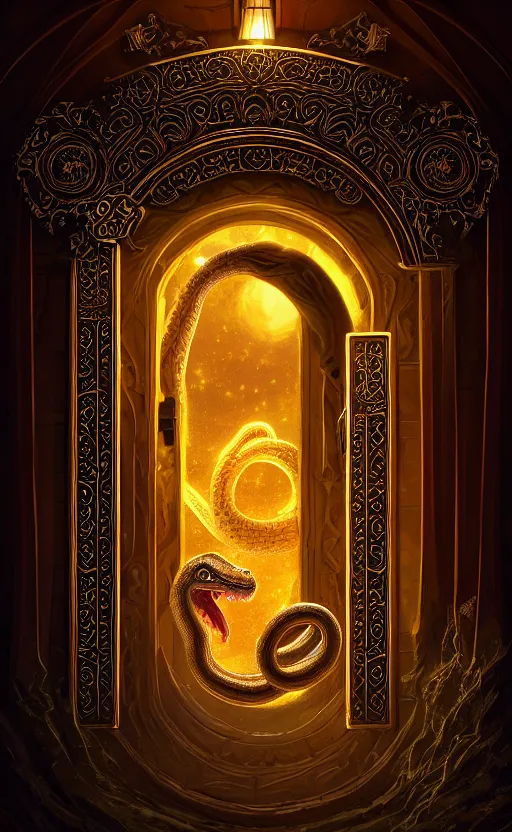 Image similar to a ornamental gate into space a snake emerges from it, ornament, intarsia, portal, doorway, dynamic lighting, ambient lighting, atmospherical, photorealistic fantasy concept art, trending on art station, stunning visuals, creative, cinematic, ultra detailed