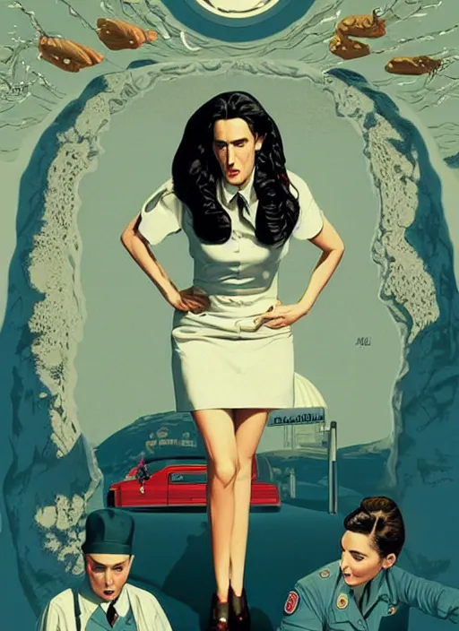 Prompt: poster artwork by Michael Whelan and Tomer Hanuka, Karol Bak of Jennifer Connelly wearing RR Double R diner waitress dress uniform, from scene from Twin Peaks, clean