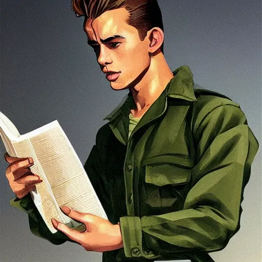 Image similar to a highly detailed epic cinematic concept art CG render digital painting artwork costume design: young James Dean as a well-kept neat mechanic in 1950s USSR green dungarees and big boots, reading a book. By Greg Rutkowski, Ilya Kuvshinov, WLOP, Stanley Artgerm Lau, Ruan Jia and Fenghua Zhong, trending on ArtStation, subtle muted cinematic colors, made in Maya, Blender and Photoshop, octane render, excellent composition, cinematic atmosphere, dynamic dramatic cinematic lighting, aesthetic, very inspirational, arthouse