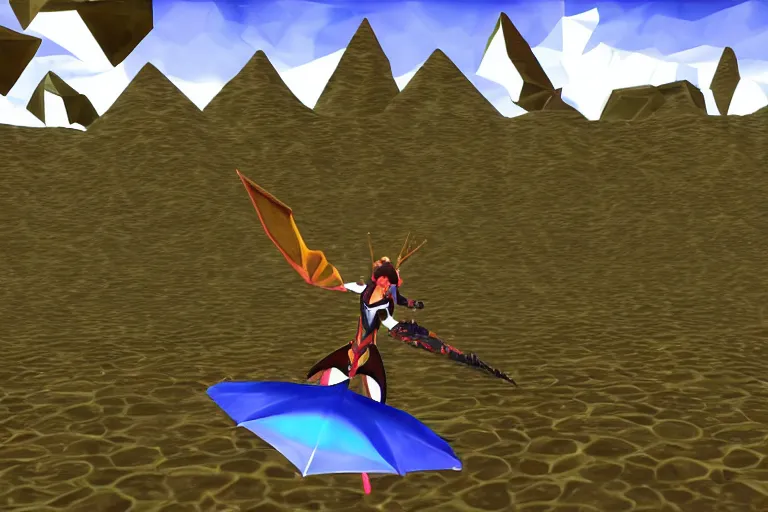 Prompt: sega saturn era lowpoly low-rez fantasy bullet hell rail shooter, panzer dragoon