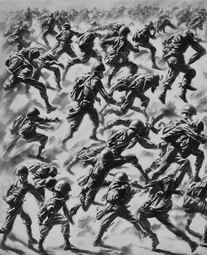 Image similar to a painting of running soldiers and bombs in el alamein battle, wwii,, black and white, disorder, bauhaus