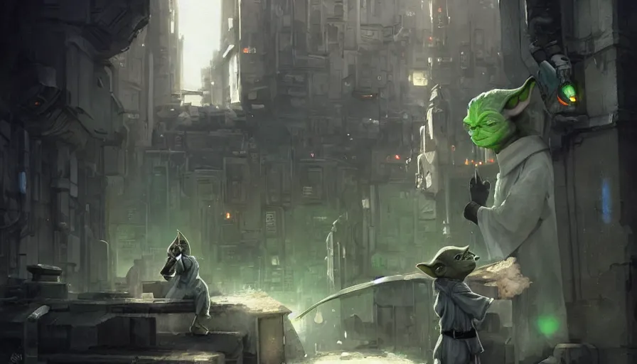 Image similar to Yoda being drunk in an alley at coruscant, medium shot, details, sharp focus, illustration, by Jordan Grimmer and greg rutkowski, Trending artstation, pixiv, digital Art