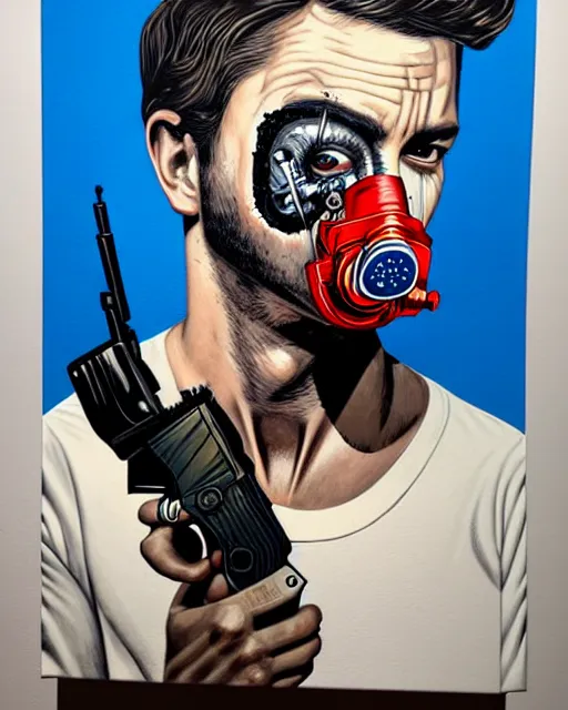 Image similar to portrait of a man wearing oxygen mask, has a gun, blood, a pistol with sea background intricate details with horror side profile by Sandra Chevrier