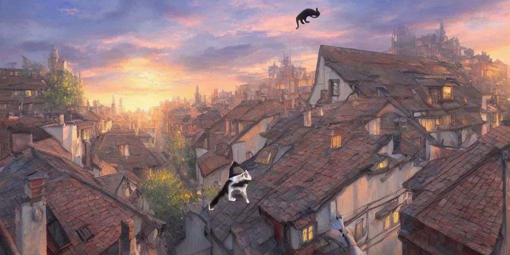 Image similar to stunning painting of a cats running on rooftops during sunset by krenz cushart