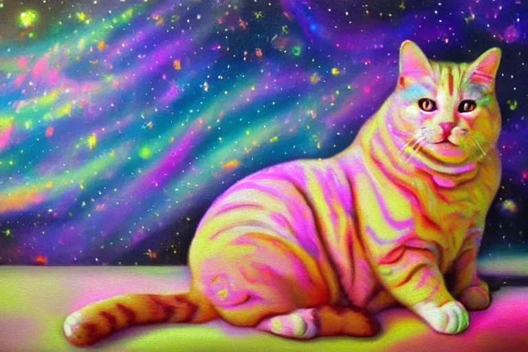 Prompt: fat cat sitting on puffy holographic clouds, oil painting