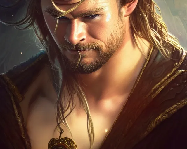 Image similar to photography of chris hemsworth, deep focus, d & d, fantasy, intricate, elegant, highly detailed, digital painting, artstation, concept art, matte, sharp focus, illustration, hearthstone, art by artgerm and greg rutkowski and alphonse mucha