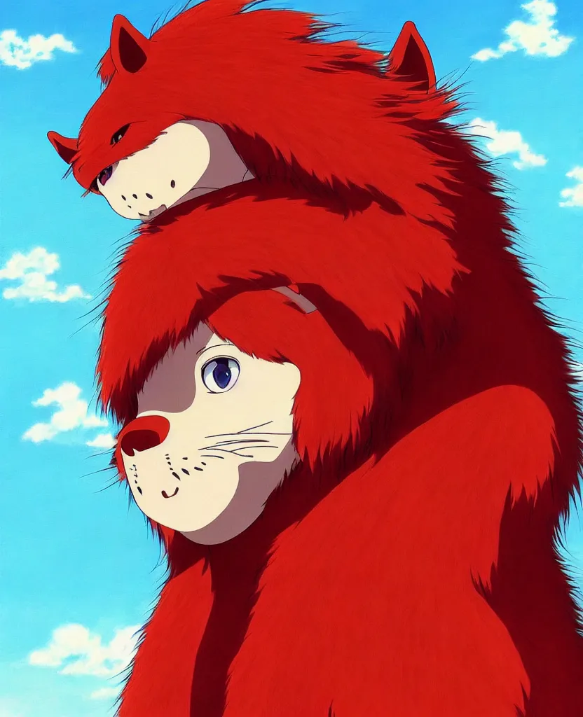 Prompt: beautiful painting from the anime film by studio ghibli, red anthropomorphic furry horse human hybrid, drooling, fur, trending on artstation