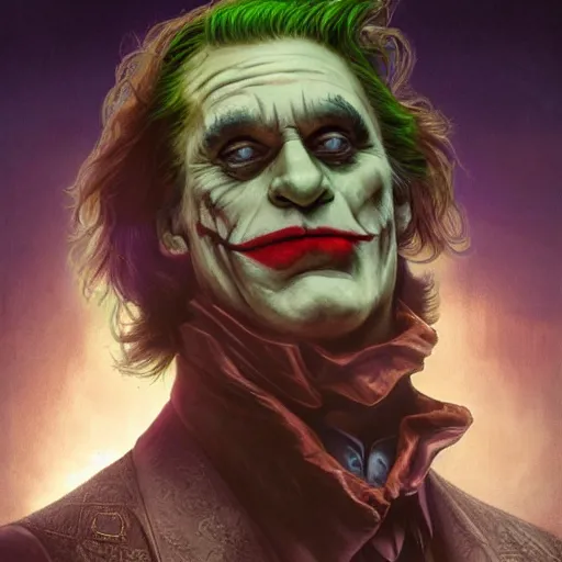 Image similar to [Gerard Depardieu as the Joker as president of France!, closeup, D&D, intricate, elegant, highly detailed, digital painting, artstation, concept art, matte, sharp focus, illustration, art by Artgerm and Greg Rutkowski and Alphonse Mucha]