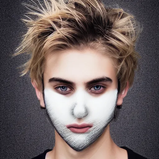 Prompt: professional digital art of a cute young adult man with blonde messy hair and wide eyes wearing a black face mask and a dark sweatshirt, high quality, HD, 8K, highly detailed, award-winning