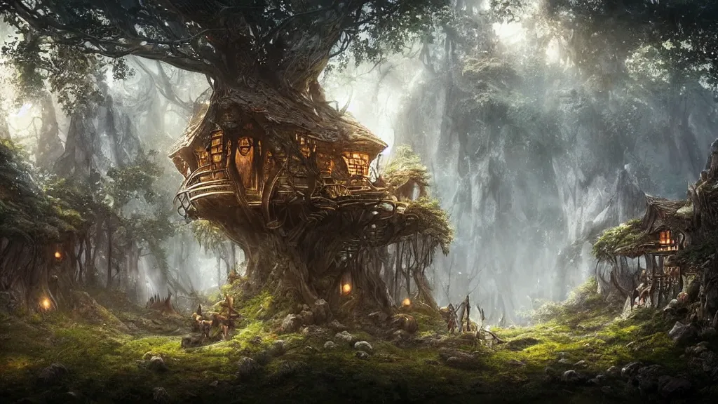 Image similar to elves living in elven treehouses, beautiful landscape, dramatic lighting, cinematic, extremly high detail, photorealistic, cinematic lighting, post processed, concept art, artstation, matte painting, style by greg rutkowsky