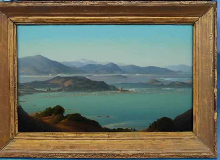 Prompt: san francisco bay in the style of hudson river school of art, oil on canvas