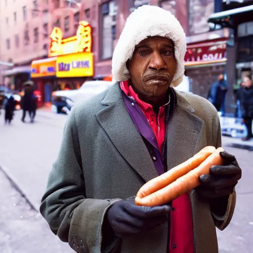 Image similar to closeup portrait of a man in hustle coat selling hotdogs from his jacket in a smoky new york back street, by Annie Leibovitz and Steve McCurry, natural light, detailed face, CANON Eos C300, ƒ1.8, 35mm, 8K, medium-format print