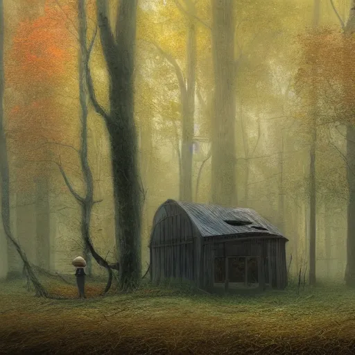 Image similar to an old broken hut in an autumn forest, many alot of huge tall mushrooms around it, green and brown tones, by Aron Wiesenfeld and beksincki, cinematic, detailed illustration, nature, fog, dark colors, suspense, intricate, 8k