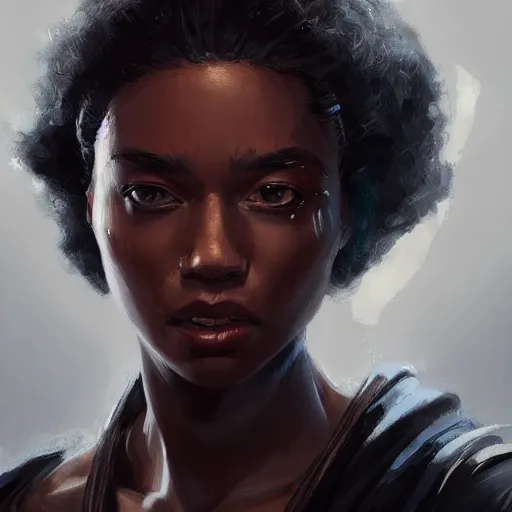 Image similar to portrait of a woman by greg rutkowski, youn jedi knight, black, afro hair, prettt, star wars expanded universe, she is about 2 0 years old, wearing jedi robes, highly detailed portrait, digital painting, artstation, concept art, smooth, sharp foccus ilustration, artstation hq