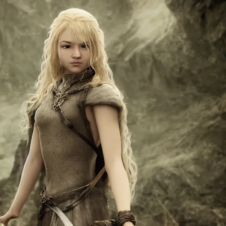 Image similar to cute blonde female, lord of the rings style, full body, cinematic, 8 k