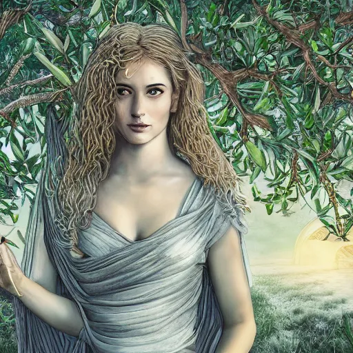 Prompt: portrait of ancient young beautiful woman on earth between olive trees and doves of peace in primeval waters, dynamic lighting, cinematic, establishing shot, extremely high detail, photo realistic, cinematic lighting, oil painting, intricate line drawings