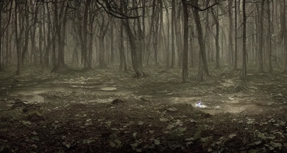 Prompt: A dense and dark enchanted forest with a swamp, by gregory crewdson