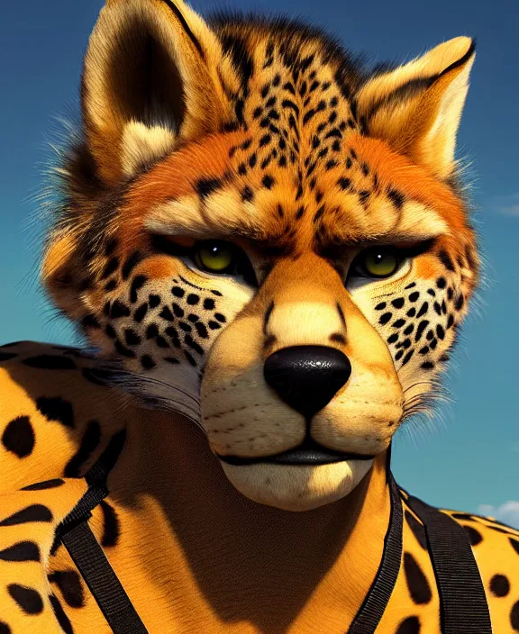 Prompt: 🐆 tail, photorealistic 🚶♂ full - body 🧍♂ furry 🦊 🎨 portrait, preparing for roughneck work, 🚀 ⛏ colony, 😼 fursona