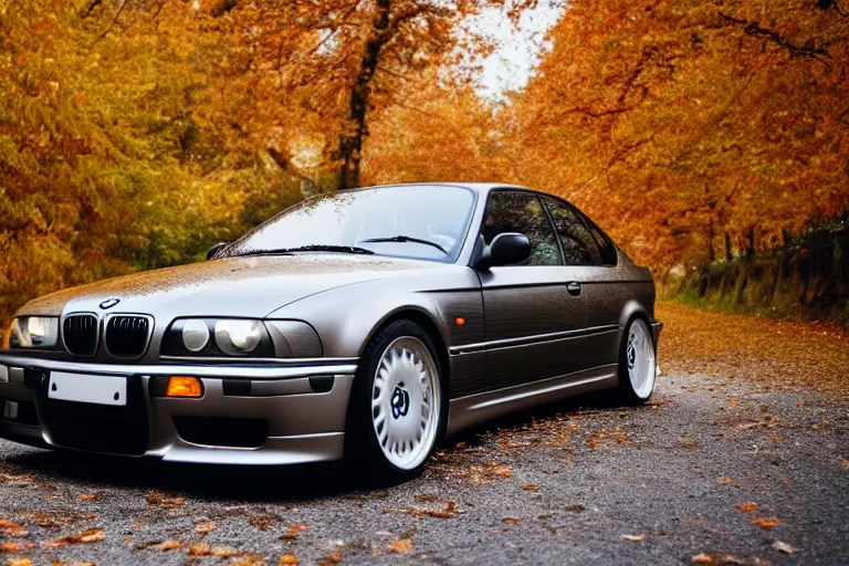 Prompt: A BMW e36 parked in a road with trees, autumn season, Epic photography, taken with a Canon DSLR camera, 150 mm, depth of field