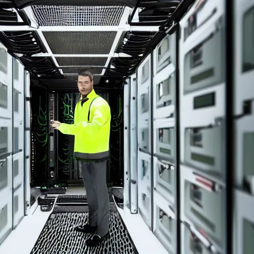 Image similar to man standing in Computer server room on fire with green eyes 8k resolution stunning