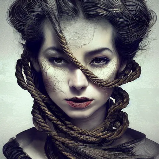 Image similar to portrait of a Shibari rope wrapped face and neck, headshot, insanely nice professional hair style, dramatic hair color, digital painting, of a old 13th century, traveler, amber jewels, baroque, ornate clothing, scifi, realistic, hyperdetailed, chiaroscuro, concept art, art by Franz Hals and Jon Foster and Ayami Kojima and Amano and Karol Bak,