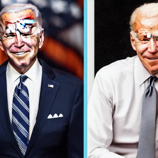 Image similar to A portrait photo of joe biden teams up with a teenage joe biden, perfect faces, 50 mm, award winning photography