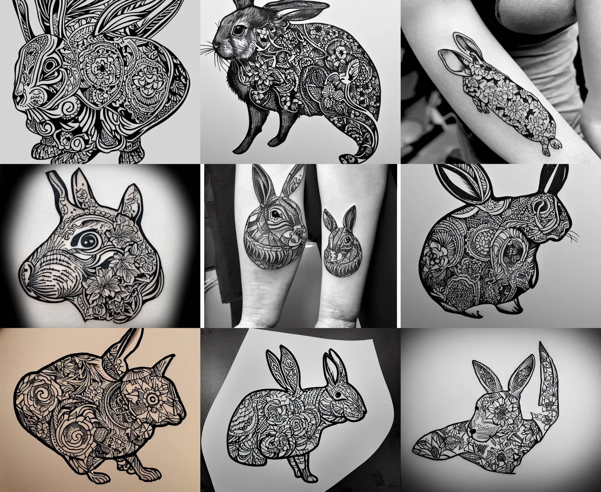 Prompt: well - detailed tattoo stencil of a rabbit side view, bold strong lines floral motif