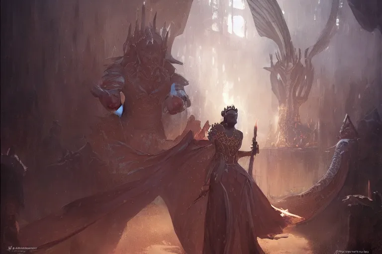 Image similar to Elegant dark skinned queen wearing a brocade dress| high fantasy | d&d | dragon age | jeff easley, greg rutkowski, pino daeni | volumetric lights | in throne room |