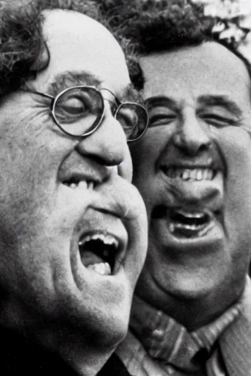 Image similar to close - up, photography of coluche and pierre desproges laughing, clouds everywhere