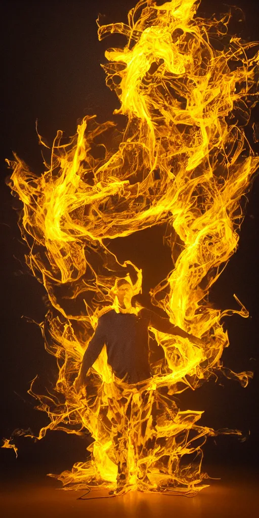 Image similar to a surreal painting of a man made of golden fire, volumetric lighting