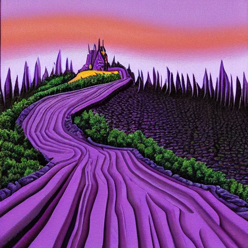 Image similar to oil painting of a dark purple steep and zig - zag path. a violet evil fantasy giger style castle over a high dark blue hill at night. orange to pink gradient sky and thunderstorm background. forest underneath. glowing wagon on the path