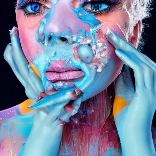 Prompt: runway fashion, beautiful model homunculus, infected by metamorphosis parasite, an ultrafine detailed painting by alberto seveso, partial transformation into extra eyeballs all over her body, practical special effects, cyan blue magenta yellow, big smile, professional glamour makeup,