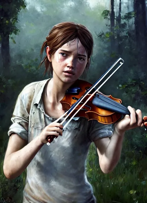 Prompt: ellie from the last of us in a white dress playing the violin on stage. by Daniel F. Gerhartz, hyperrealistic oil painting, 4k, very detailed faces, studio lightning