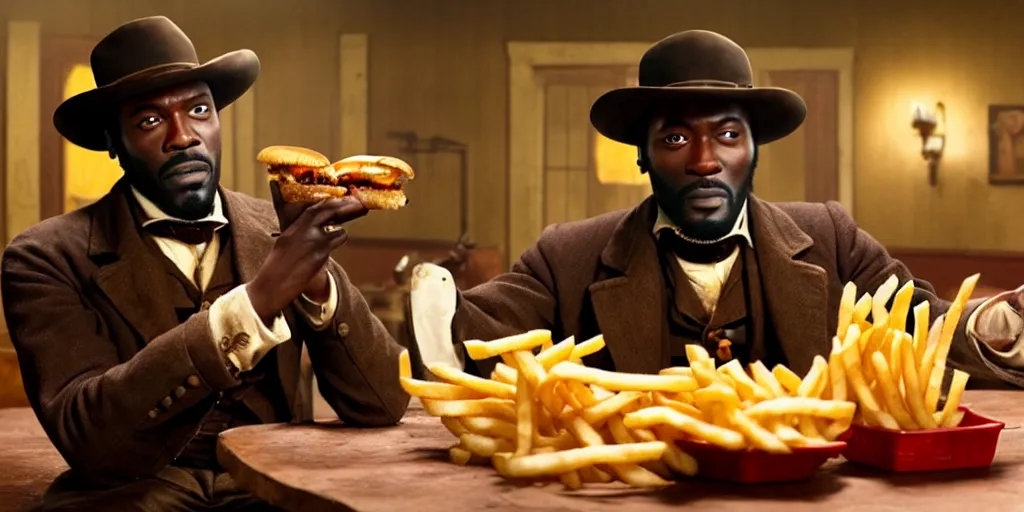 Image similar to Django unchained in Macdonald's eat cheeseburger and French fries