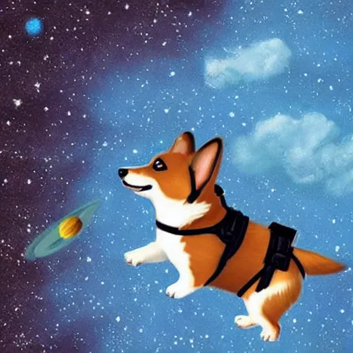 Image similar to corgi floating in space wearing a space suit, photorealism, cute, happy