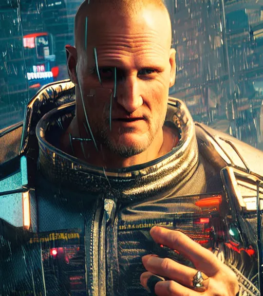 Image similar to cyberpunk 2 0 7 7, charismatic rugged male battle woody harrelson - mage portrait, clothed in hooded, metal - plated battle armor atmospheric lighting painted intricate volumetric lighting, beautiful, sharp focus, ultra detailed by leesha hannigan, ross tran, thierry doizon, kai carpenter, ignacio fernandez rios