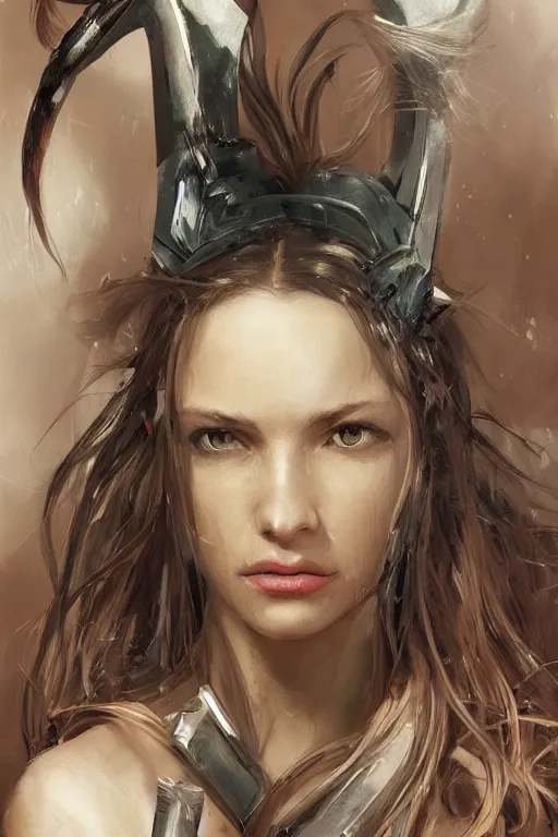 Image similar to a photorealistic painting of an attractive young girl, partially clothed in battle armor, olive skin, long dark hair, beautiful bone structure, symmetrical face, perfect eyes, intricate, elegant, digital painting, concept art, illustration, sharp focus, minimal artifacts, from Metal Gear, in the style of Ruan Jia and Mandy Jurgens, by Greg Rutkowski, trending on Artstation, award winning