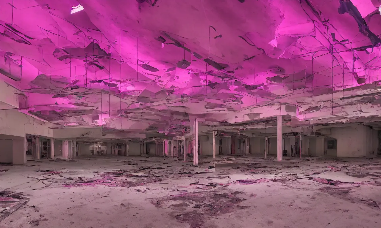 Image similar to backrooms abandoned mall, ominous neon pink and purple vaporwave lighting, moldy walls and shallow water, shadowy tall figures in the distance