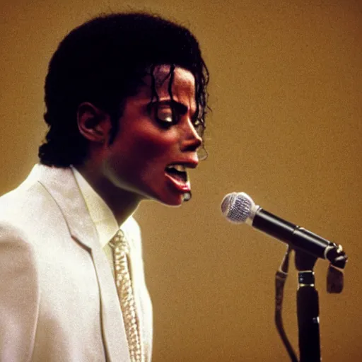 Prompt: cinematic still of Michael Jackson preaching at a Baptist Church in Atlanta in 1989, close up, shallow depth of field, cinematic