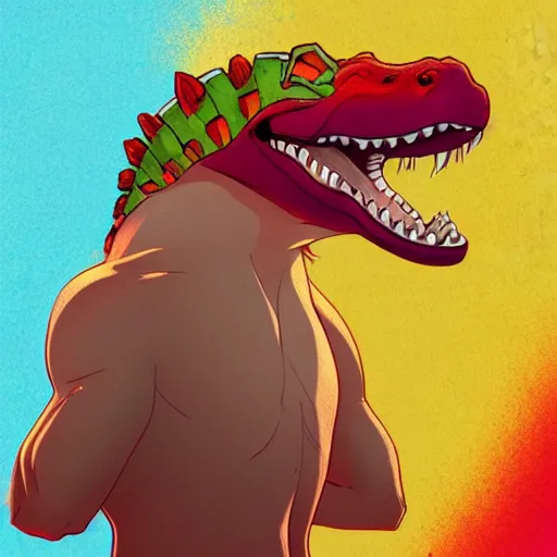 Image similar to in the style of artgerm, loish, anthropomorphic alligator, red scales on his back, yellow scale on his belly and chest, male, waring a hawaiian shirt, in the style of zootopia