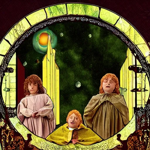 Image similar to seven hobbits in catholic religious garb with halos, background of poison apples, art nouveau