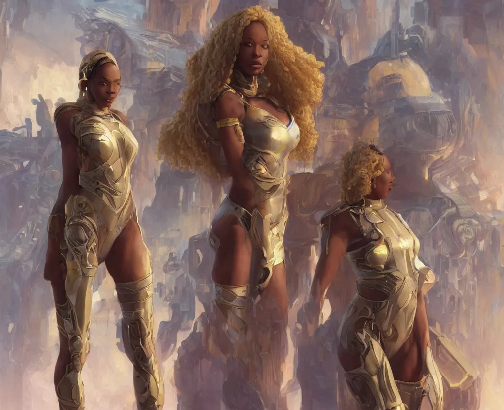 Prompt: african american woman, with blonde box braids, elegant, muscular, light cyborg armour swimsuit, cape, combat boots, space opera, highly detailed, digital painting, ghibli animated film, volumetric lighting, octane render, artstation, concept art, smooth, sharp focus, illustration, by gaston bussiere, mucha, gerome, craig mullins, greg rutkowski