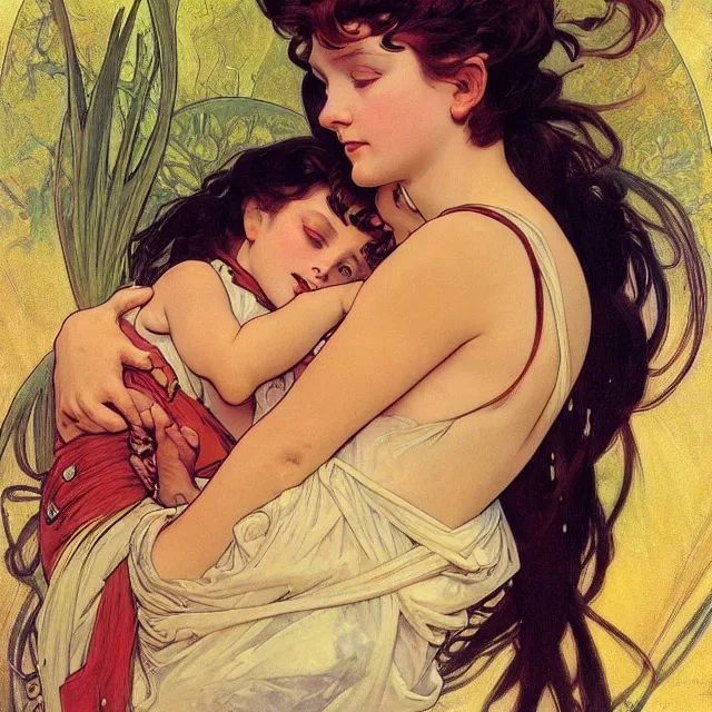 Image similar to an aesthetic! detailed portrait of an aesthetic woman crying mournfully while cradling a child, by frank frazetta and alphonse mucha, oil on canvas, bright colors, art nouveau, epic composition, dungeons and dragons fantasy art, hd, god - rays, ray - tracing, crisp contour - lines, huhd - 8 k