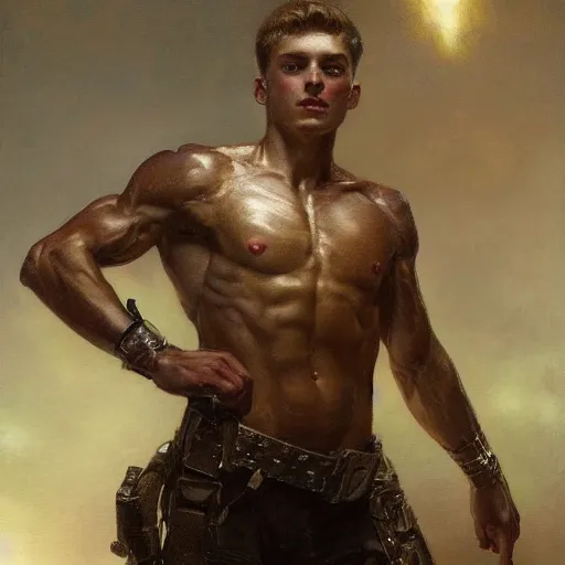 Prompt: handsome portrait of a young guy fitness posing, war hero, confidence, radiant light, caustics, reflective sweat, by gaston bussiere, bayard wu, greg rutkowski, giger, maxim verehin