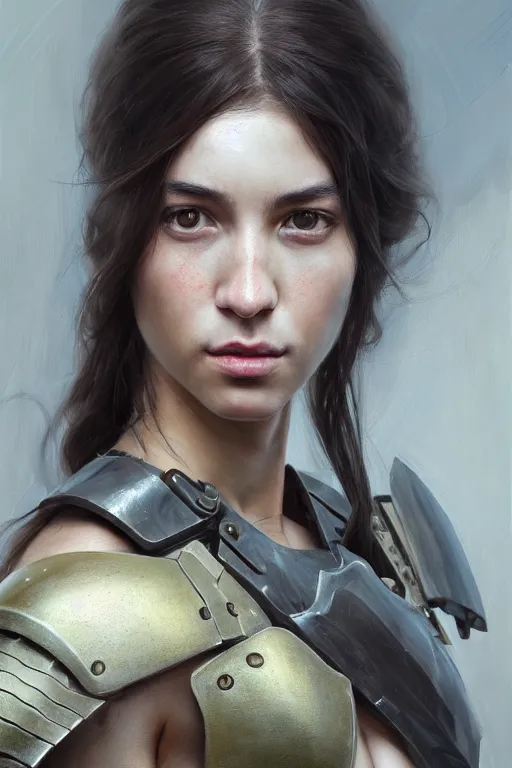 Image similar to a photorealistic painting of an attractive young girl, partially clothed in battle armor, olive skin, long dark hair, beautiful bone structure, symmetrical face, perfect eyes, intricate, elegant, digital painting, concept art, illustration, sharp focus, minimal artifacts, from Metal Gear, in the style of Ruan Jia and Mandy Jurgens, by Greg Rutkowski, trending on Artstation, award winning