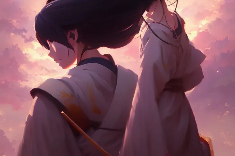 Image similar to baroque oil painting of anime key visual concept art of a samurai girl, very anime, stars vackground, trending on artstation, oil on canvas, style of makoto shinkai greg rutkowski studio ghibli